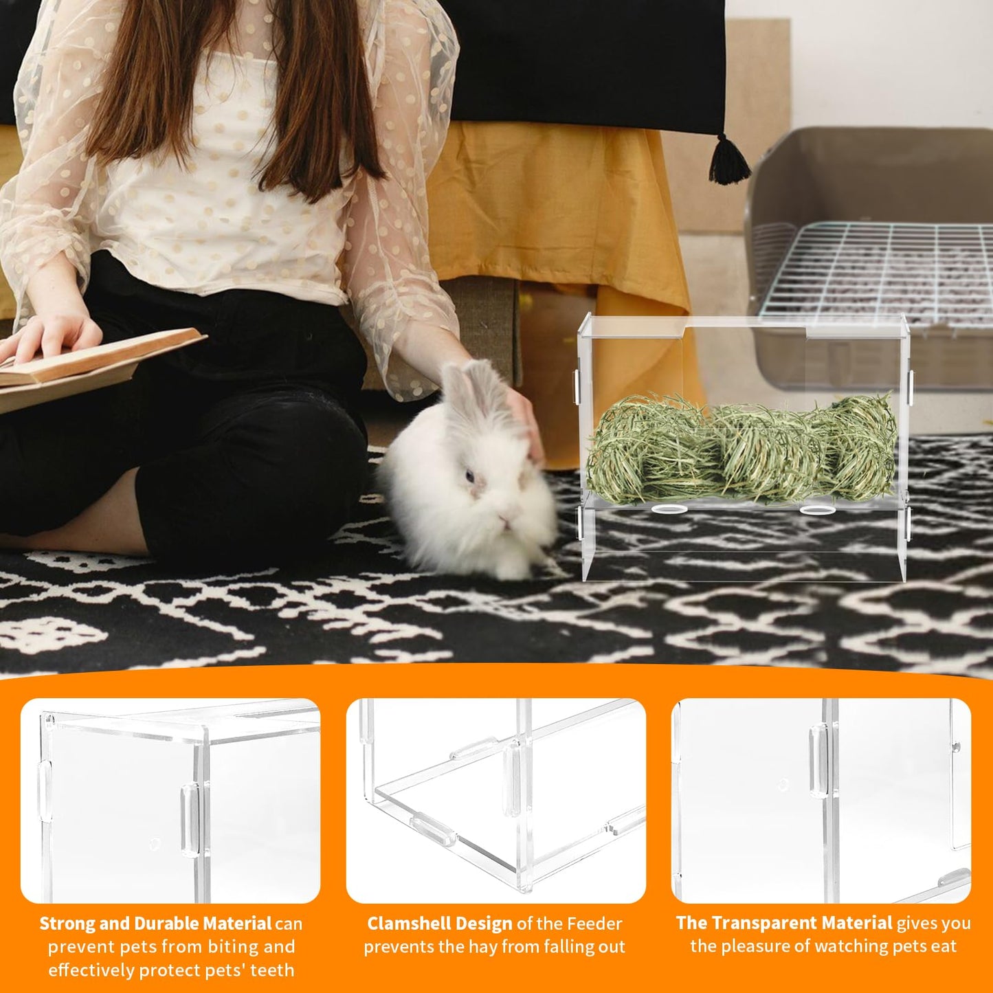 UCANVIN Rabbit Hay Feeder with Lid,Hanging Food Dispenser for Rabbit, Guinea Pig, Bunny, Chinchilla, 116oz Large Capacity 1pack