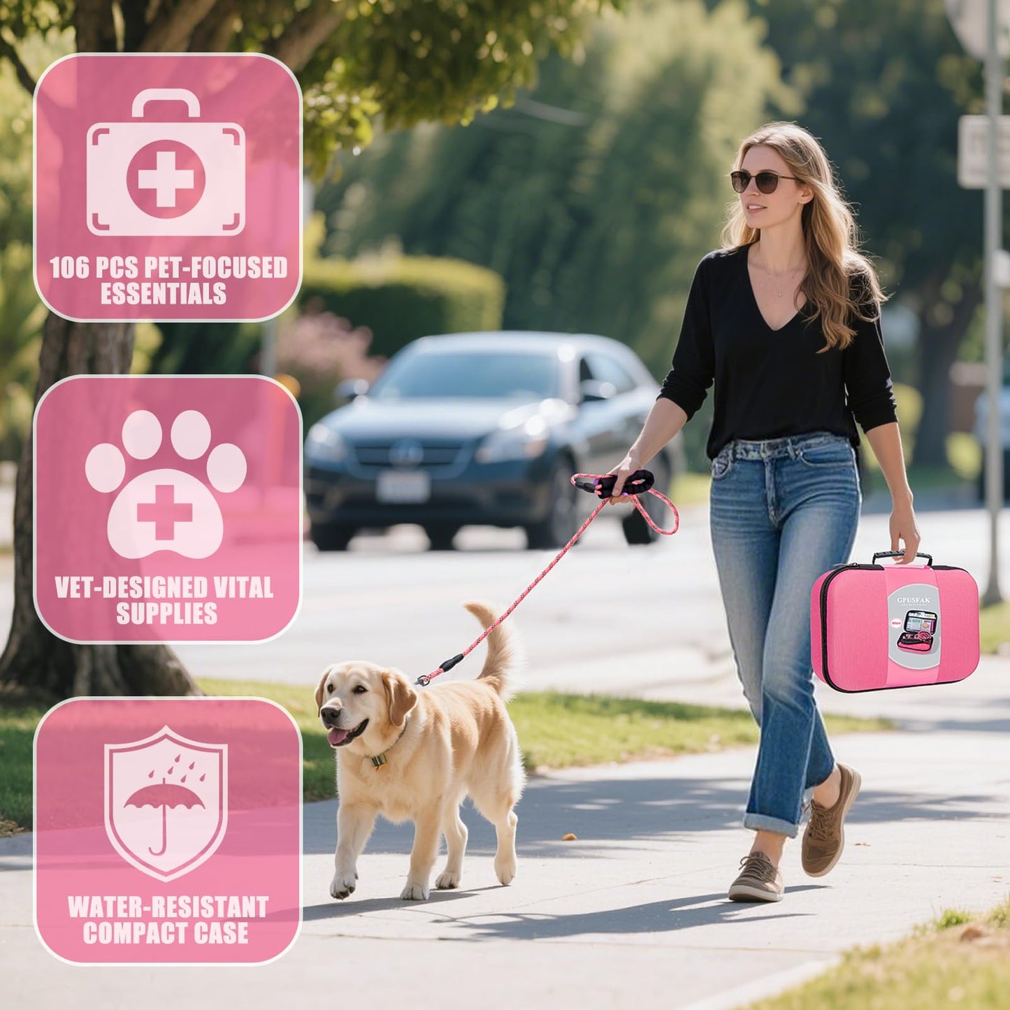 GPUSFAK Pet First Aid Kit for Dogs - Pet Emergency Kit for Camping Hiking Traveling Hunting and Sports (Pink)