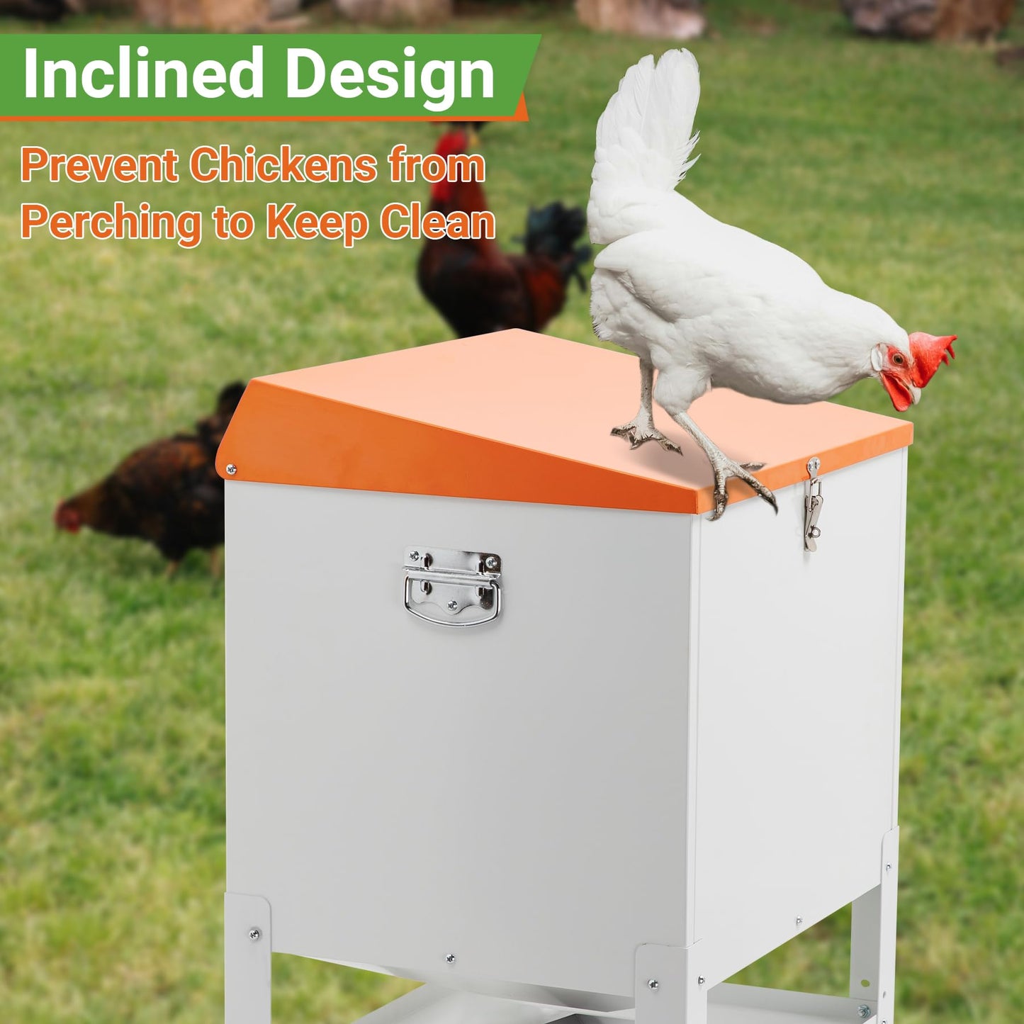 Toriexon Chicken Feeder, 50LBS Capacity Metal Poultry Feeder (16” x 12.5” x 24.5”) for 10 Chickens, Powder-Coated Steel Feeder w/Waterproof Lid and Stainless Handles