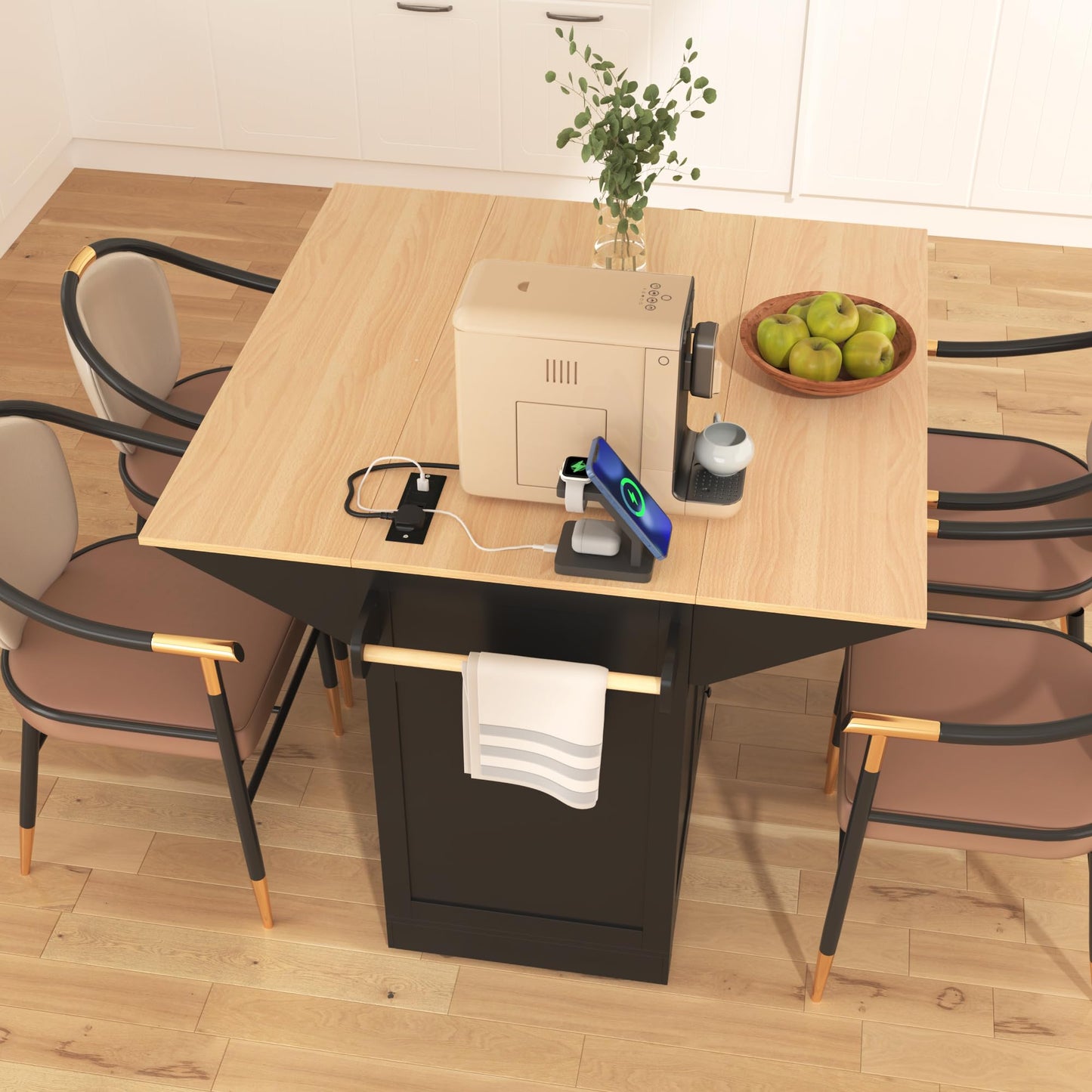 Merax 55.7" Large Kitchen Cart Island on Wheels Foldable Dining Table with 2 Drop Leaf,Power Outlet,3 Drawers,Wood Frame Storage Cabinet