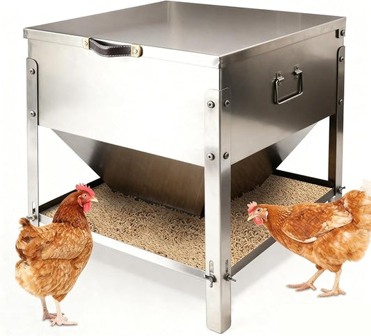 Stainless Steel Chicken Feeder No Waste, 60LBS Large Capacity Poultry Feeder, Adjustable Metal Chicken Coop Feeder with Lid and Handle