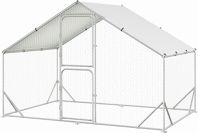 Chicken Runs for Yard with Cover, Large Metal Chicken Coop, 9.8x6.5x6.5FT Chicken Pen with Waterproof and Anti-UV Cover, Walk-in Poultry Cage for Yard Outdoor Duck Rabbit Cage