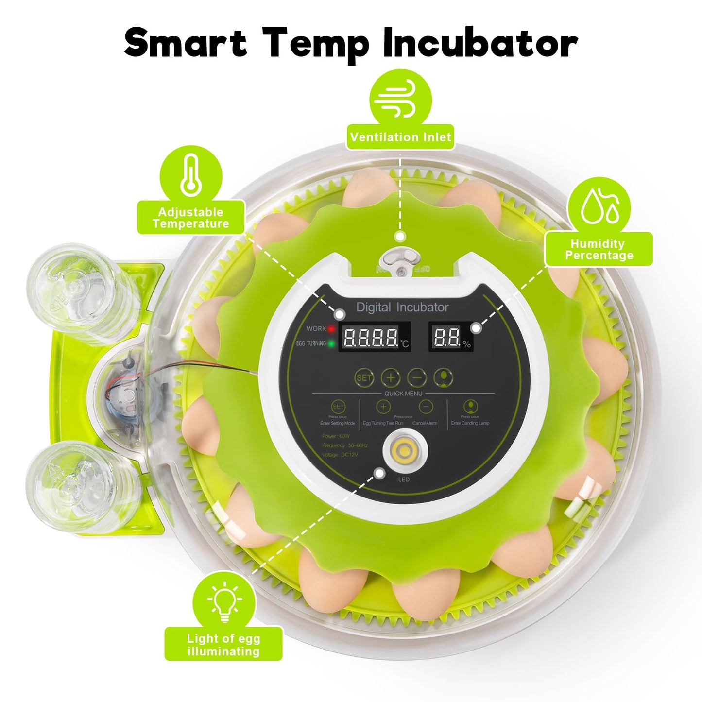18 Egg Incubator with Automatic Turning & Humidity Control, ±0.1℃ Precision for Chicken/Duck/Goose/Quail/Parrot Eggs(Green)