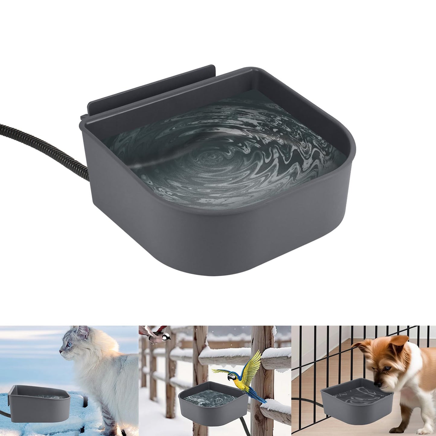 NAMSAN Small Heated Pet Bowl for Cats Rabbits, Outdoor and Indoor, 1 L Heated Water Bowl for Chicken Birds Ice Free, Thermal-Bowl for Dog Cage, Hanging Kennel Dish, Self-Assembly
