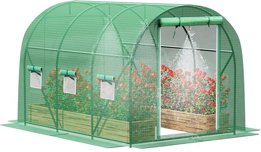 Greenhouse, Portable Greenhouses for Outdoors, Large Walk in Green House for Outside with Ventilated Roll-up Door and Reinforced Frame (Green, 10x7x7 ft w/ Irrigation System)