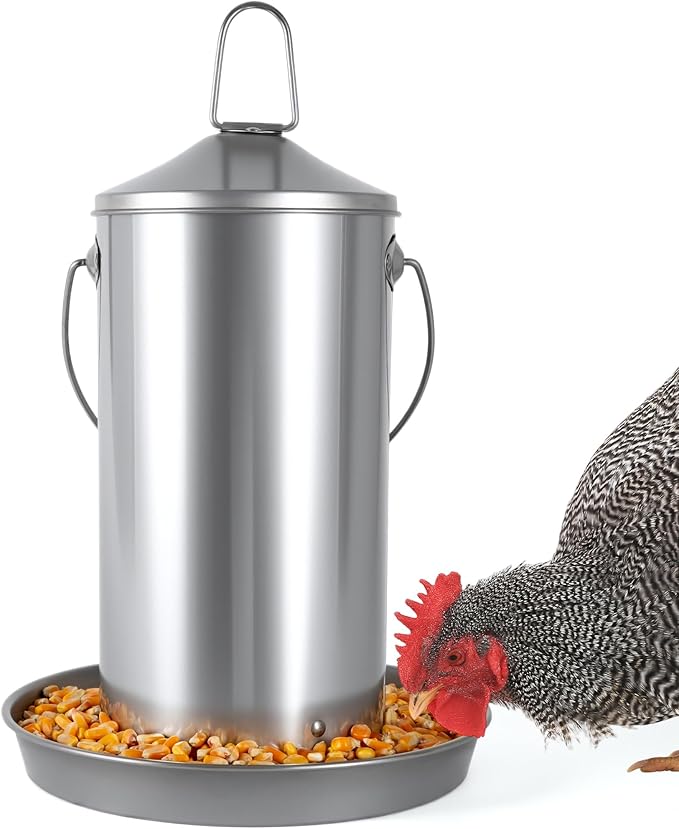 8.8lb Stainless Steel Hanging Chicken Feeder, Metal No Waste Poultry Feeder, Rustproof, Reusable, Long-Lasting, Gravity Feed Chicken Coop Accessories for Chicken, Geese, Duck, Hens, Rooster, Chick