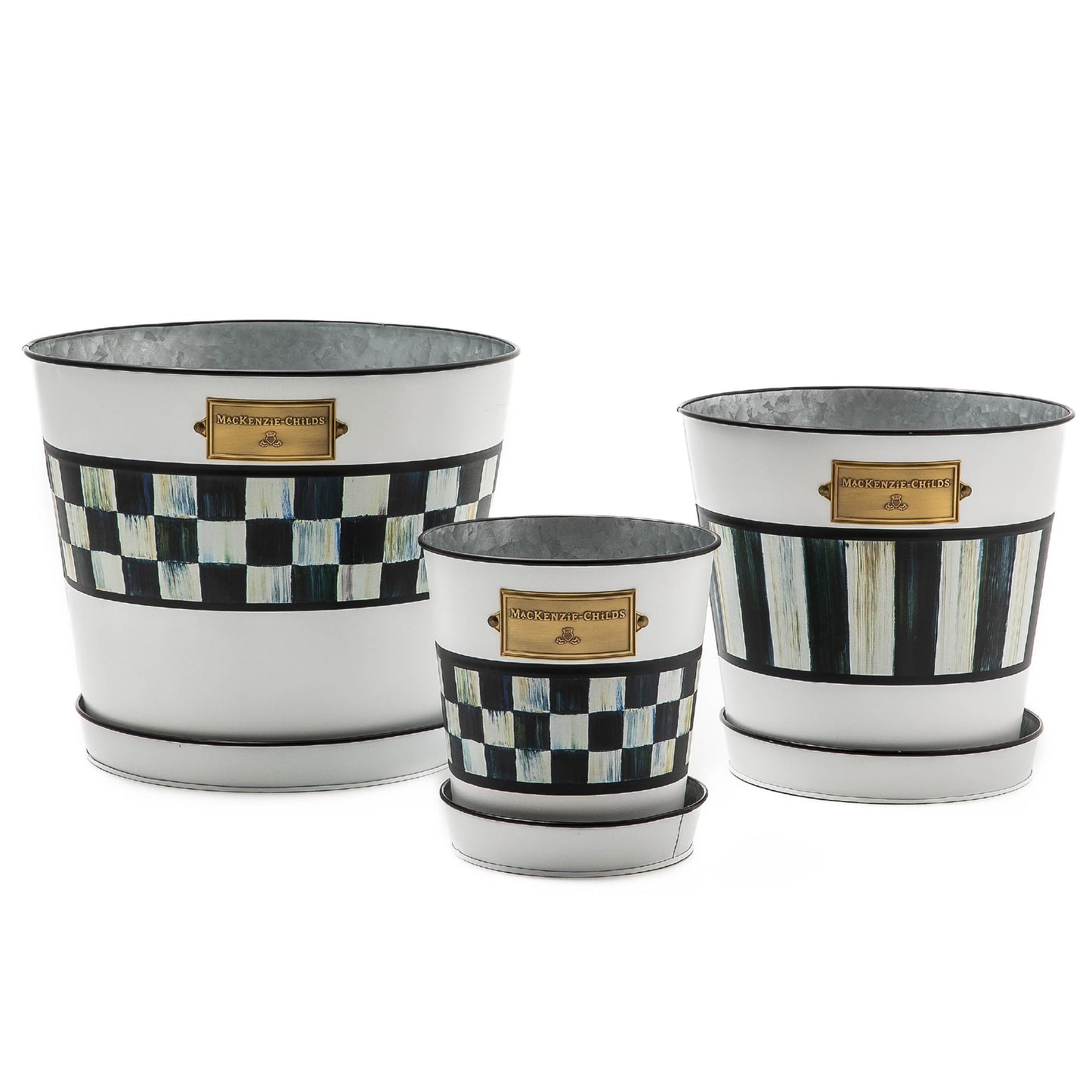 MACKENZIE-CHILDS Galvanized Flowerpots and Saucers, Set of 3, Black-and-White Spectator
