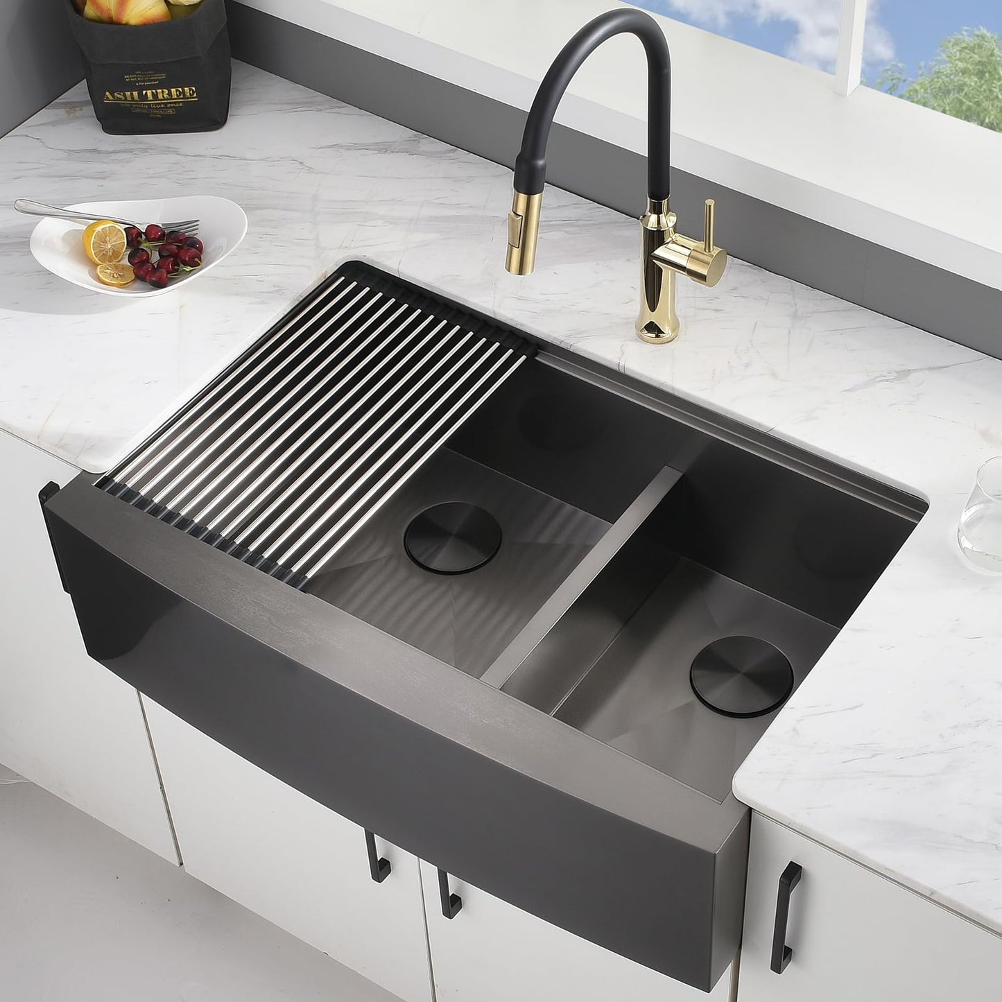 Kitead 33x22 Double Bowl Farmhouse Sink Workstation - 33 Inch Black Stainless Steel Kitchen Sink Double Bowl, Undermount Farmhouse Kitchen Sinks with Accessories