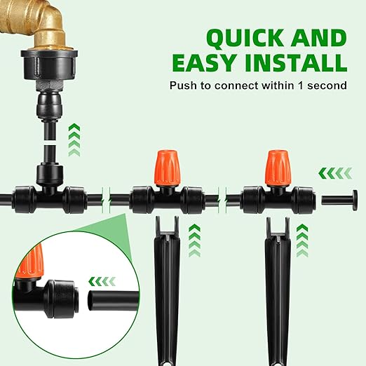 75FT Garden Irrigation System Kit, Greenhouse Watering System, Garden Watering System with 1/4" Tubing and Misting Nozzles, Quick Connector Design Automatic Irrigation System