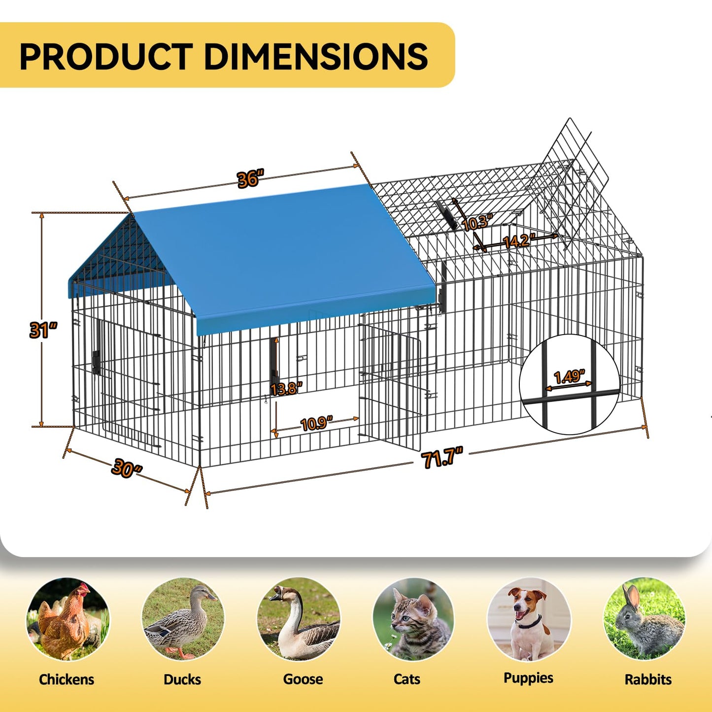 INJOPEXI Metal Chicken Coop 71.7"×30"×31" Chicken Runs for Yard with Cover Chicken Playpen Enclosure Chicken Pen Kennel Duck Coop Cage Hutch Fence for Outdoor Backyard Farm Rabbit Small Animal Poultry