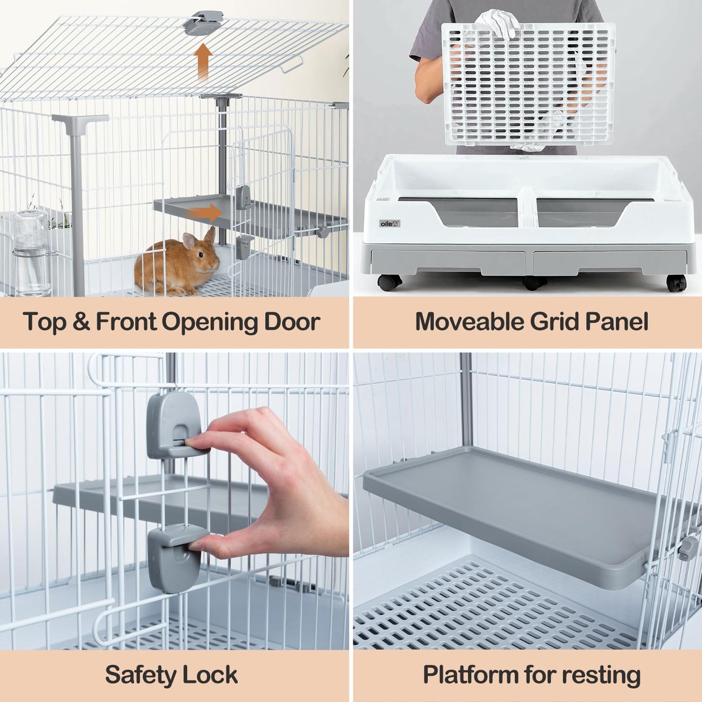 OIIBO Deluxe Rabbit Cage, 32" × 21" × 26" Large Space Bunny Cage Foldable Small Animal Cage with Pull Out Tray and Caster Platform, Professional Household Anti-Spray Urine Rabbit Cage Hutch Indoor