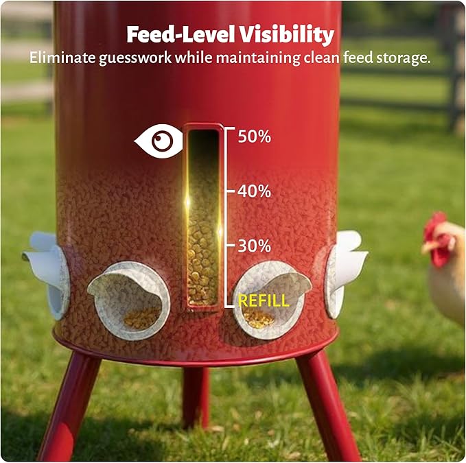 KOL 75 LB Large Free Standing Chicken Feeder, Portable Gravity Chicken Feeder Automatic, Dispenser, 8 Feeding Ports Poultry Feeder for Chicken Rooster & Hen (Red)