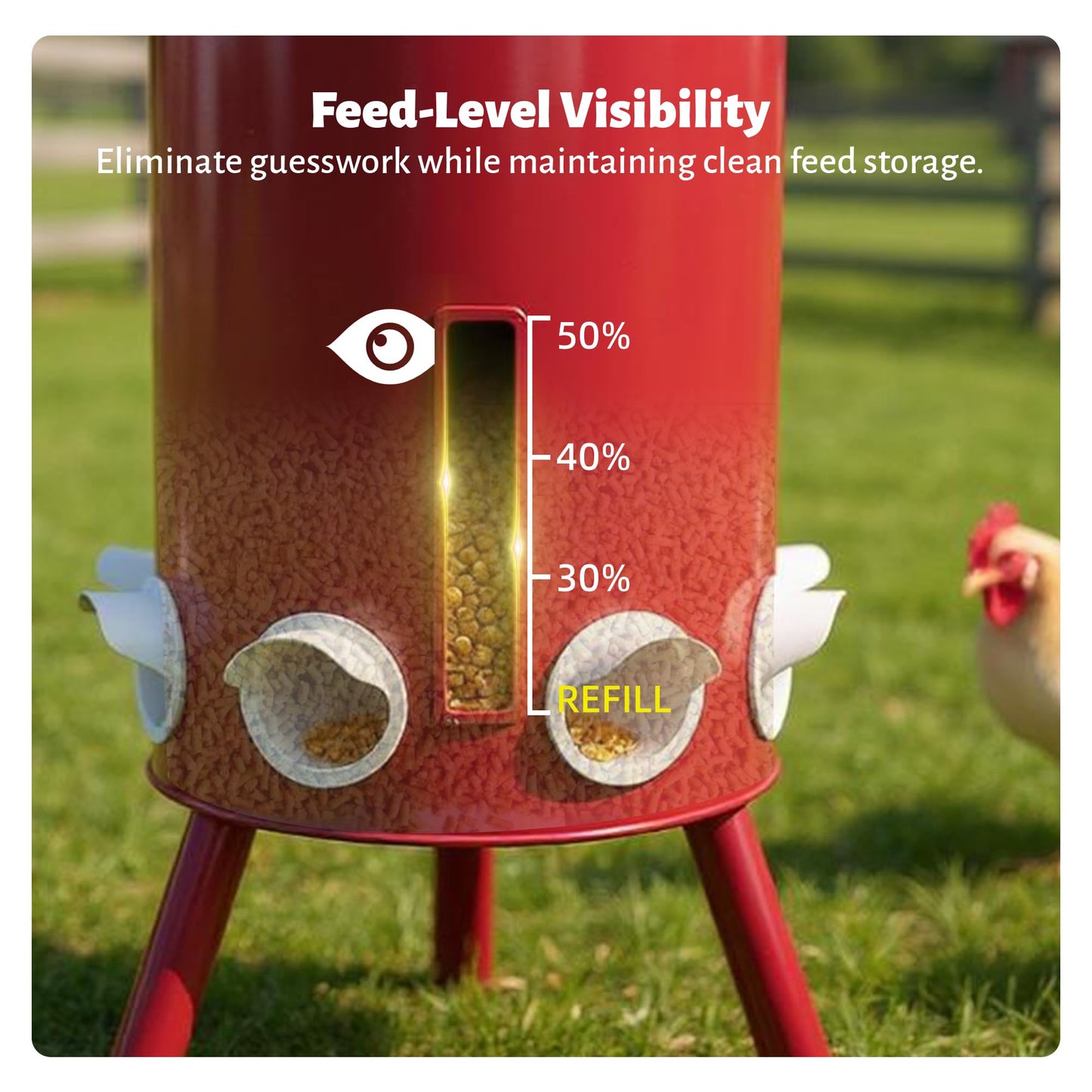 KOL 75 LB Large Free Standing Chicken Feeder, Portable Gravity Chicken Feeder Automatic, Dispenser, 8 Feeding Ports Poultry Feeder for Chicken Rooster & Hen (Red)