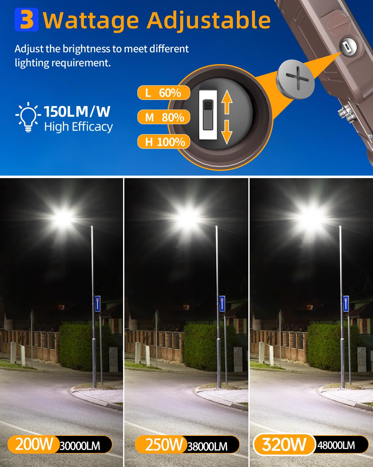 ADUB 320W 250W 200W LED Parking Lot Lights with Photocell, UL Listed, 5000K Slip Fitter Arm Mount