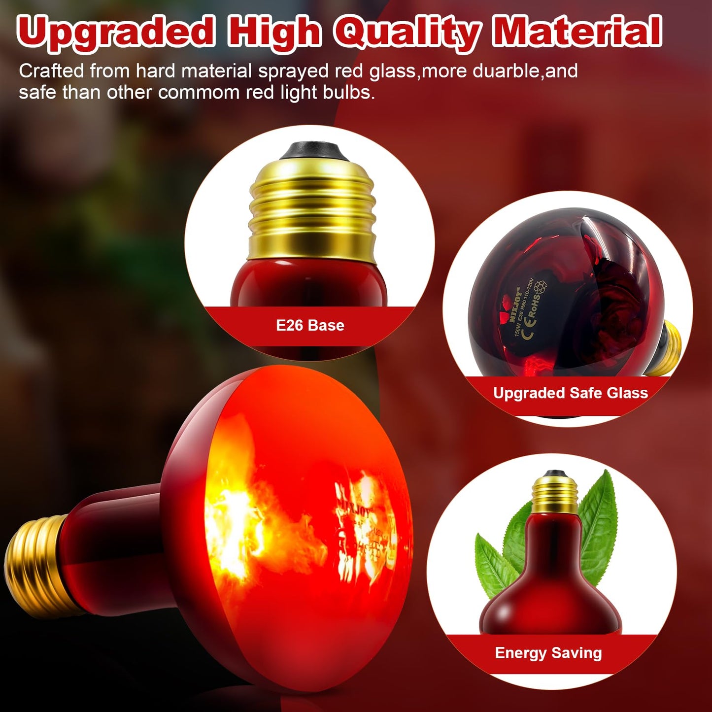 MIXJOY 150W Infrared Heat Lamp Bulbs, 2 Pack Reptile Infrared Heat Emitter Red Heat Lamp Bulbs Infrared Basking Light Bulbs for Reptiles, Bearded Dragon, Lizard, Tortoise, Chickens, Pets