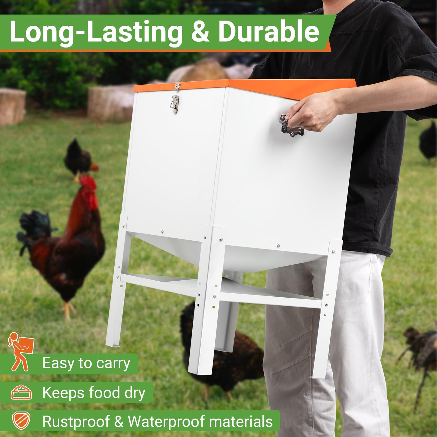 Toriexon Chicken Feeder, 50LBS Capacity Metal Poultry Feeder (16” x 12.5” x 24.5”) for 10 Chickens, Powder-Coated Steel Feeder w/Waterproof Lid and Stainless Handles