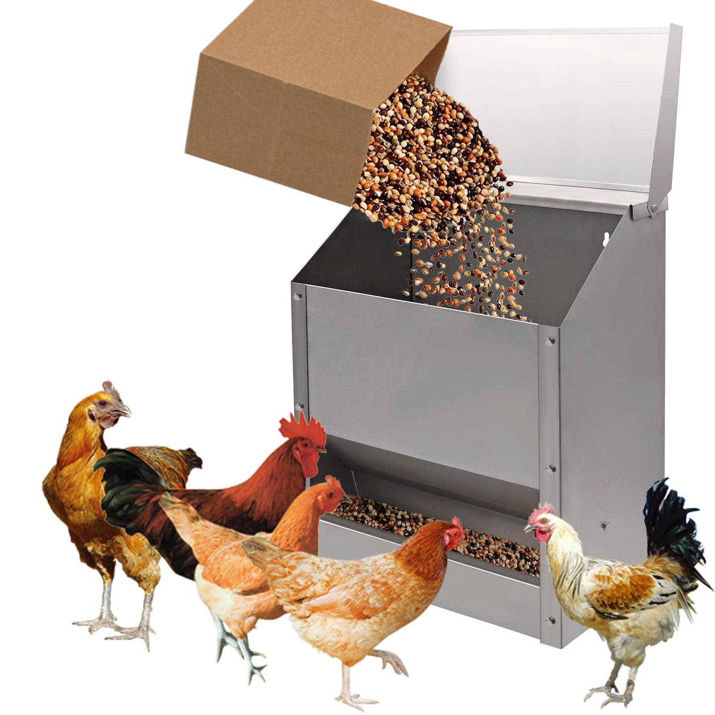 KHEARPSL Stainless Steel Chicken Feeders No Waste Poultry Feeder Rainproof Hanging Poultry Feeder Trough with Lid Holds 25lbs of Feed, No Assembly Required