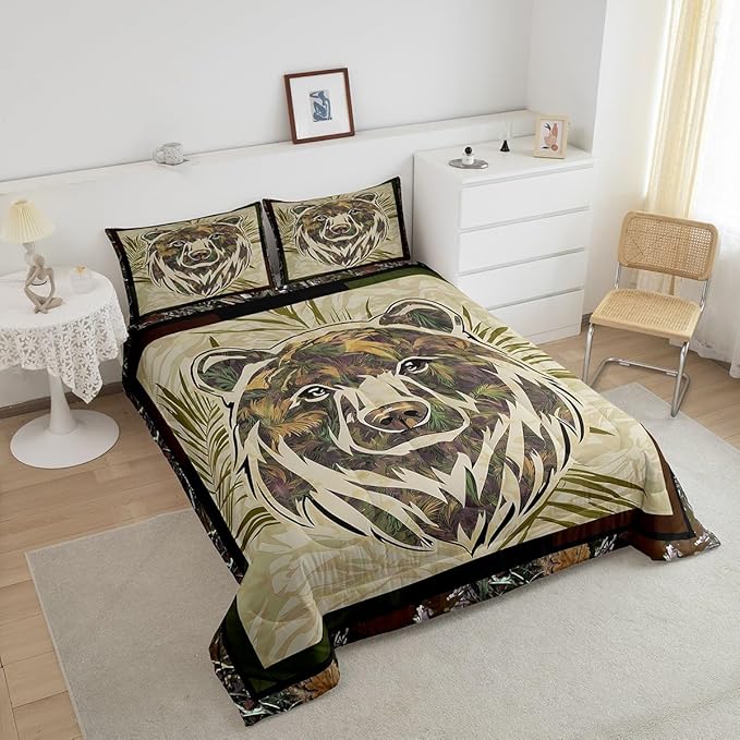 Rustic Bear Comforter Set Full Hunting Camo Bedding Set For Boys Adults Men,Camouflage Woodland Animal Bedding Comforters For Farmhouse Cabin Lodge,Nature Conifer Oak Branches Quilt 2 Pillow Cases