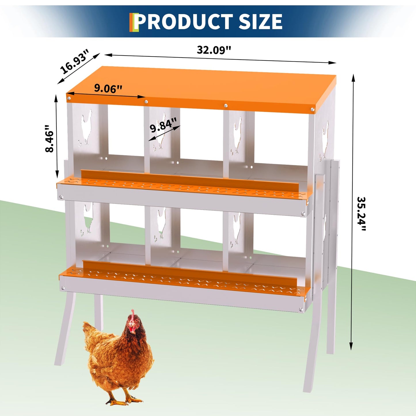 Garvee Chicken Nesting Box with Removable Tray, 6 Compartment Nesting Boxes for Chickens, Easy to Clean and Install, Chicken Laying Boxes for Chicken Coop to Protect Eggs - with Bracket Legs, Orange