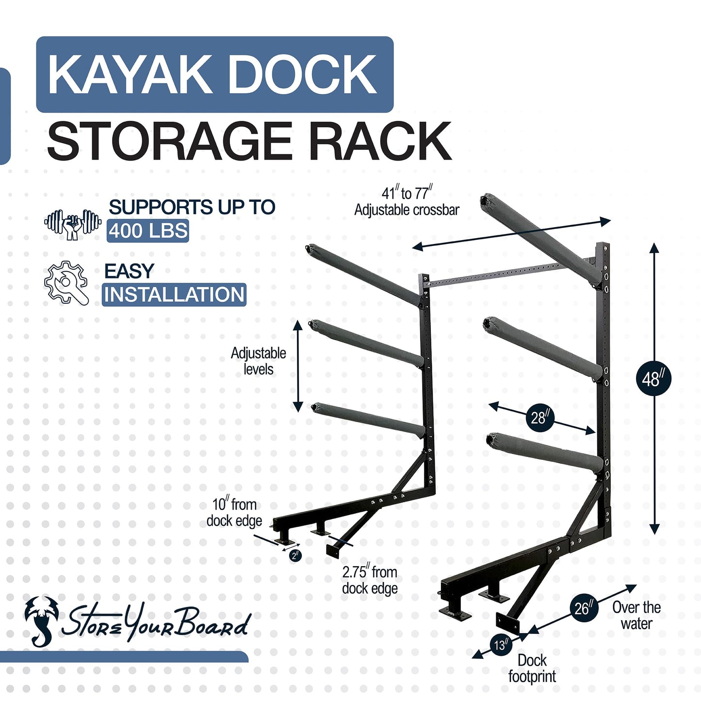 StoreYourBoard Kayak Dock Storage Rack, Outdoor Over The Water Mount, Holds 400 lbs, Heavy-Duty Metal Stand