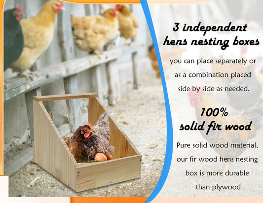 Hens Nesting Box, 3 Packs Single Compartment Solid Wood Chicken Nesting Boxes for UP to 15 Hens, Large Duty Laying Nest Box for Duck and Poultry (3 Packs)
