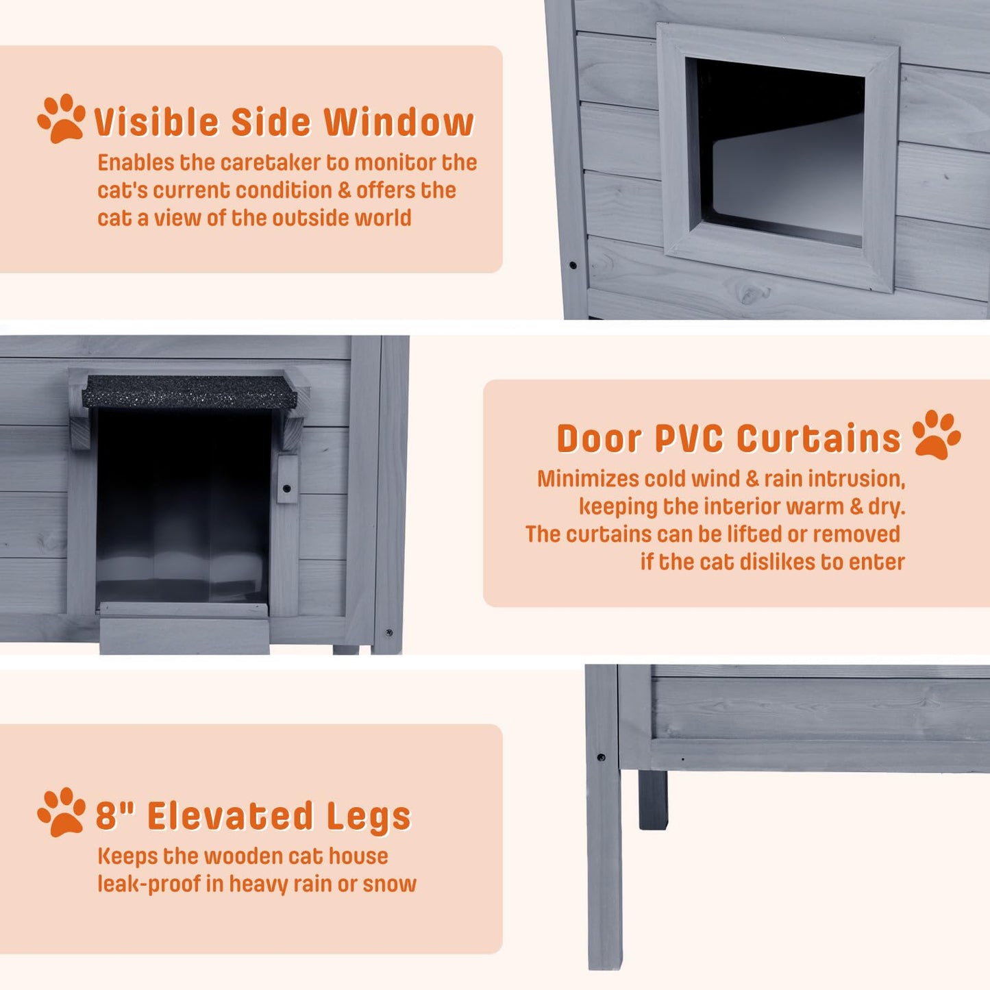 BRIOPAWS Outdoor-Cat-House-Insulated | Feral-Cat-Shelter for Winter | Weatherproof | Large Wooden Pet House for Multiple Cats | Foldable Ladder | Acrylic Side Window | Grey