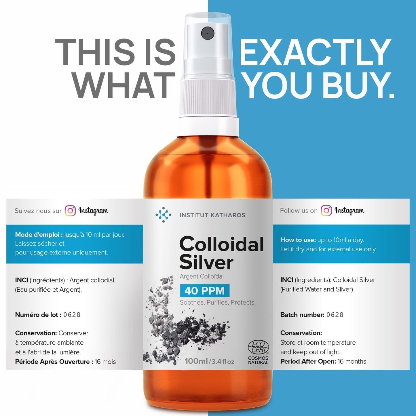 Colloidal Silver Liquid 3.4 fl oz Spray ● Bioactive Hydrosol Silver Water ● Natural Nano Sol Supplement Solution ● Ionic Minerals 40 PPM ● Organic Structured Colloidal Spray