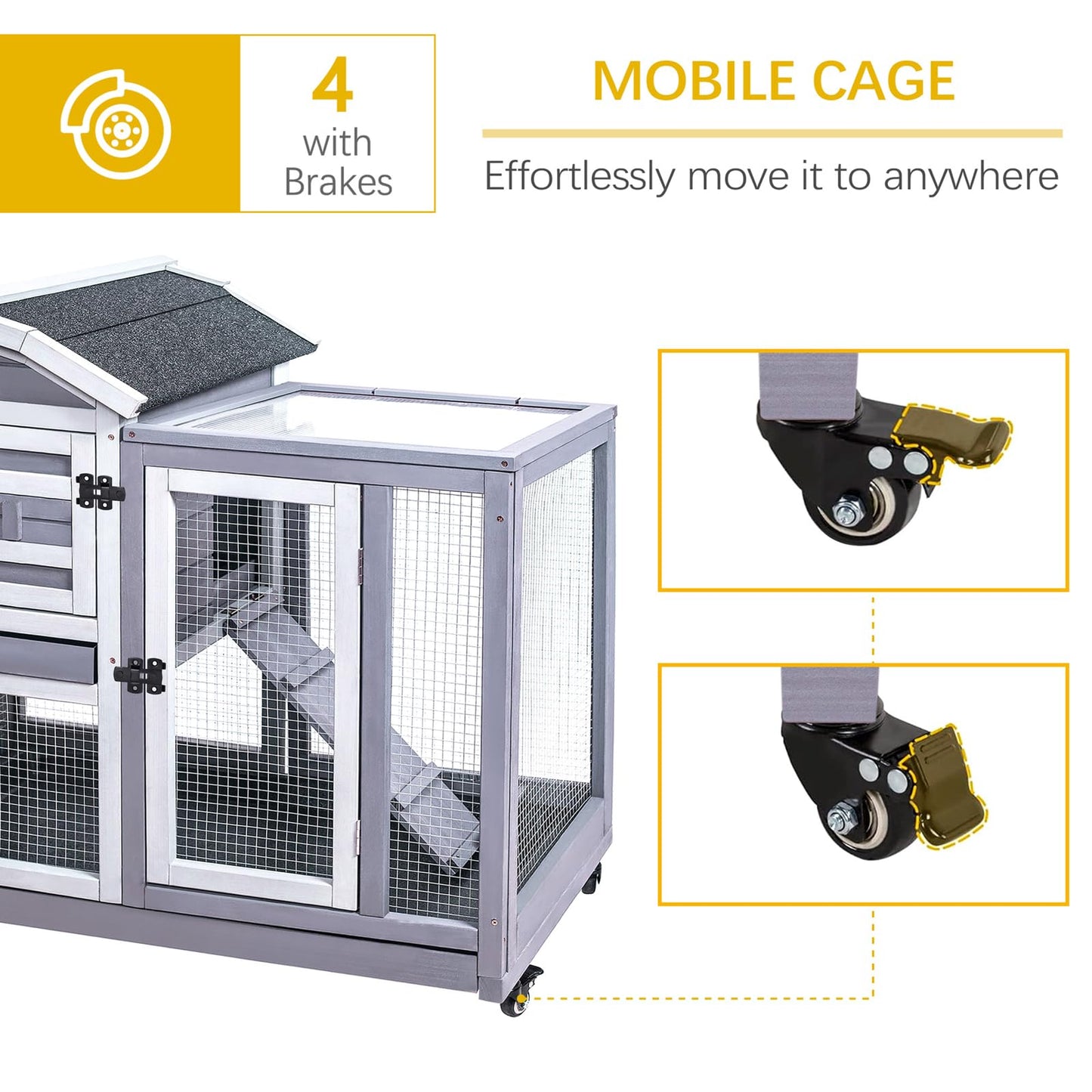 GEGURI Rabbit Hutch Indoor Rabbit Cage Outdoor, Wooden Bunny Cages for Guinea Pig with Wheels, Removable Tray, Ramp