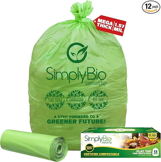 Simply Bio 50-55 Gallon Compostable Trash Bags Liners Flat-Top, Heavy Duty Extra Thick 1.57 Mil, 208.2 Liter, 12 Bags, Lawn, Yard, and Restaurant Use, ASTM D6400, US BPI, OK Compost Home Certified