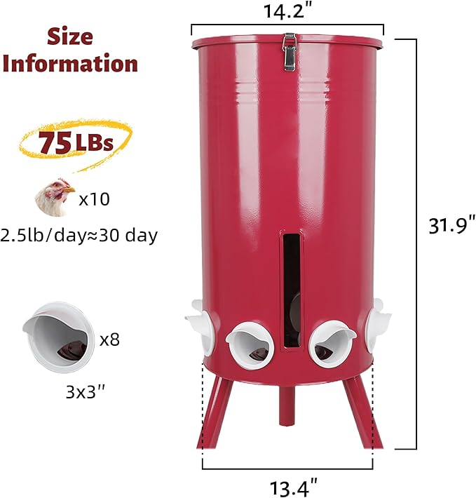 KOL 75 LB Large Free Standing Chicken Feeder, Portable Gravity Chicken Feeder Automatic, Dispenser, 8 Feeding Ports Poultry Feeder for Chicken Rooster & Hen (Red)