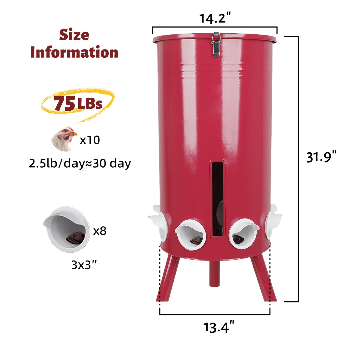 KOL 75 LB Large Free Standing Chicken Feeder, Portable Gravity Chicken Feeder Automatic, Dispenser, 8 Feeding Ports Poultry Feeder for Chicken Rooster & Hen (Red)