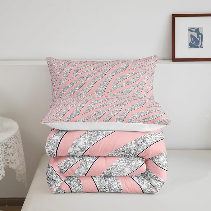 Women Leopard Bedding Set Girls Pink Silver Leopard Print Comforter Set for Kids Boys Teens Glitter Zebra Print Comforter Safari Animal Print Quilt Set Room Decor Duvet Set for All Season Twin Size