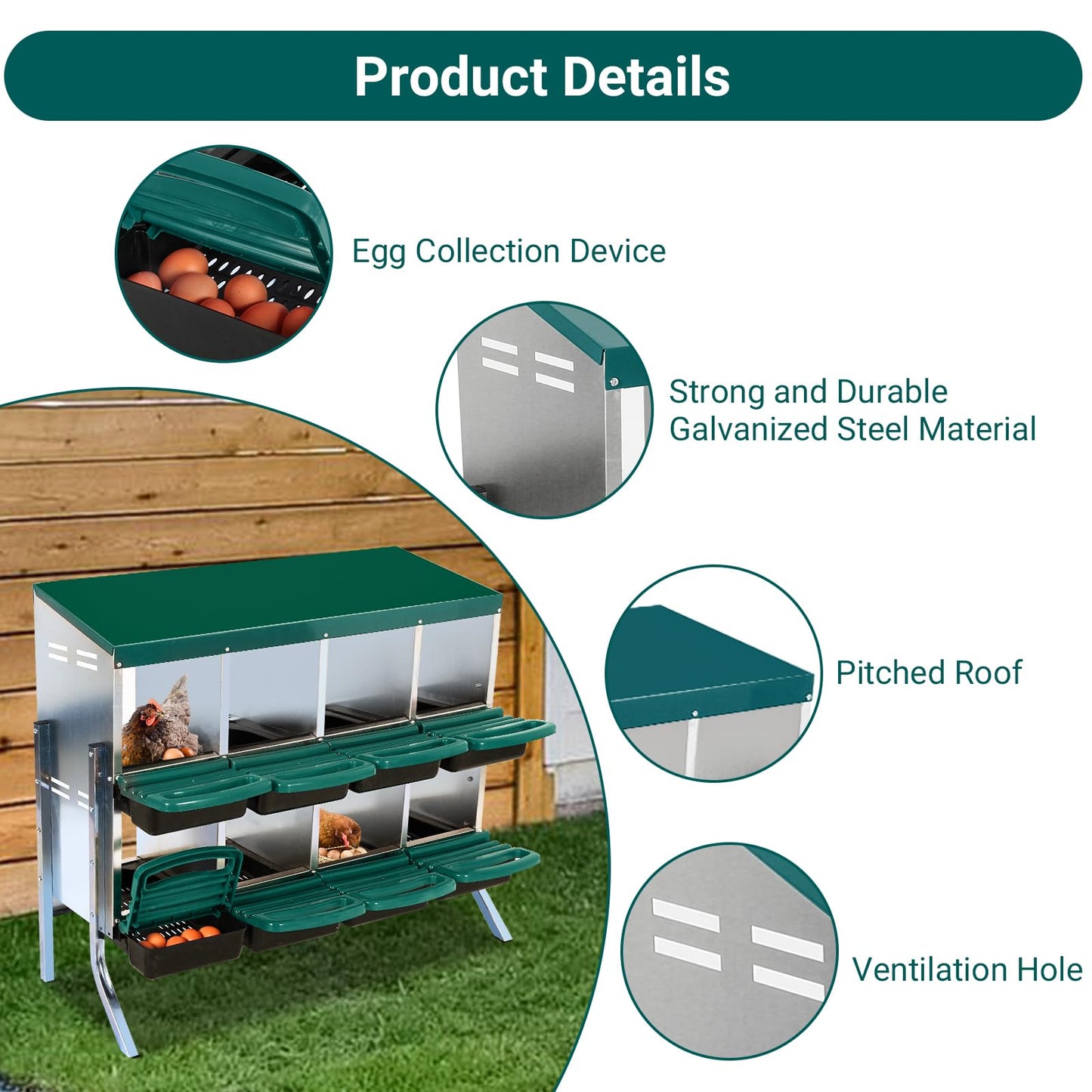 Garvee Chicken Nesting Boxes, 8 Hole Metal Chicken Laying Box with Removable Trays and Roll Out Egg Collection for Chicken Coop, with Metal Legs, Green