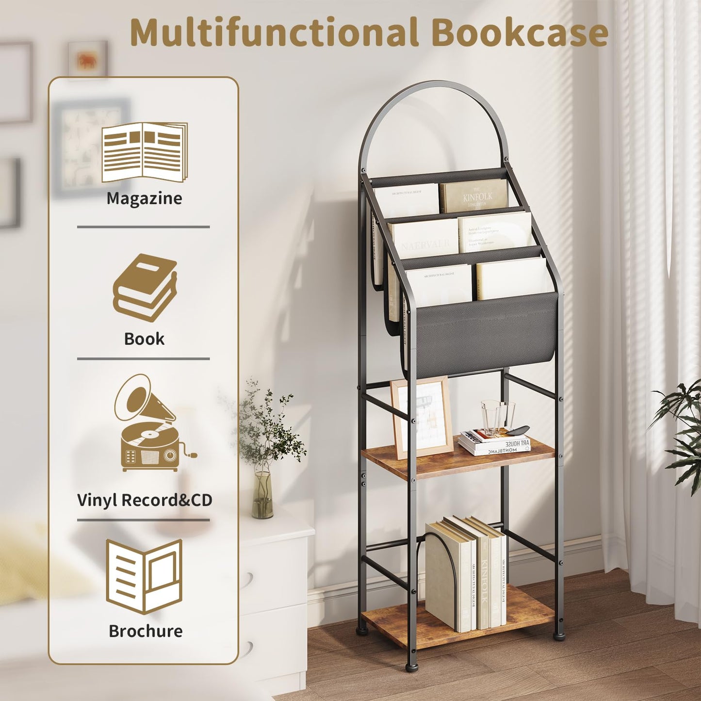 Leadpro Bookshelf with 3 Tier Vinyl Holder Display Shelf, Record Storage Organizer Rack Cabinet for Book Magazine, Tall Industrial Open Book Shelves with Metal Frame for Living Room (Rustic Brown)