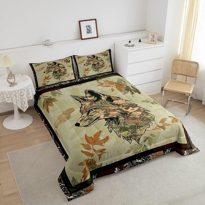 Wolf Bedding Set Twin For Boys Woodland Camo Hunting Comforter Set Army Green Tree Branches Camouflage Wild Animal Quilt Comforter For Adults Men,Botanical Leaves Rustic Duvet 1 Pillow Case