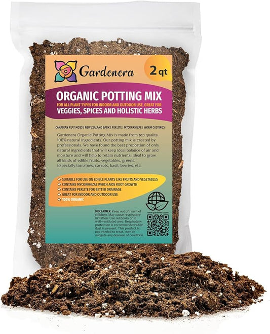 GARDENERA Organic Potting Mix for All Plant Types for Indoor and Outdoor Use, Great for Veggies, Spices, and Holistic Herbs - (2 Quart Bag)