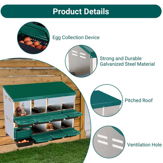 Metal Chicken Nesting Box - 8 Compartment Roll Away Nesting Box with Inclined Design, Bottom Holes, and Resting Platform for Various Chicken Breeds - Green 0.8mm