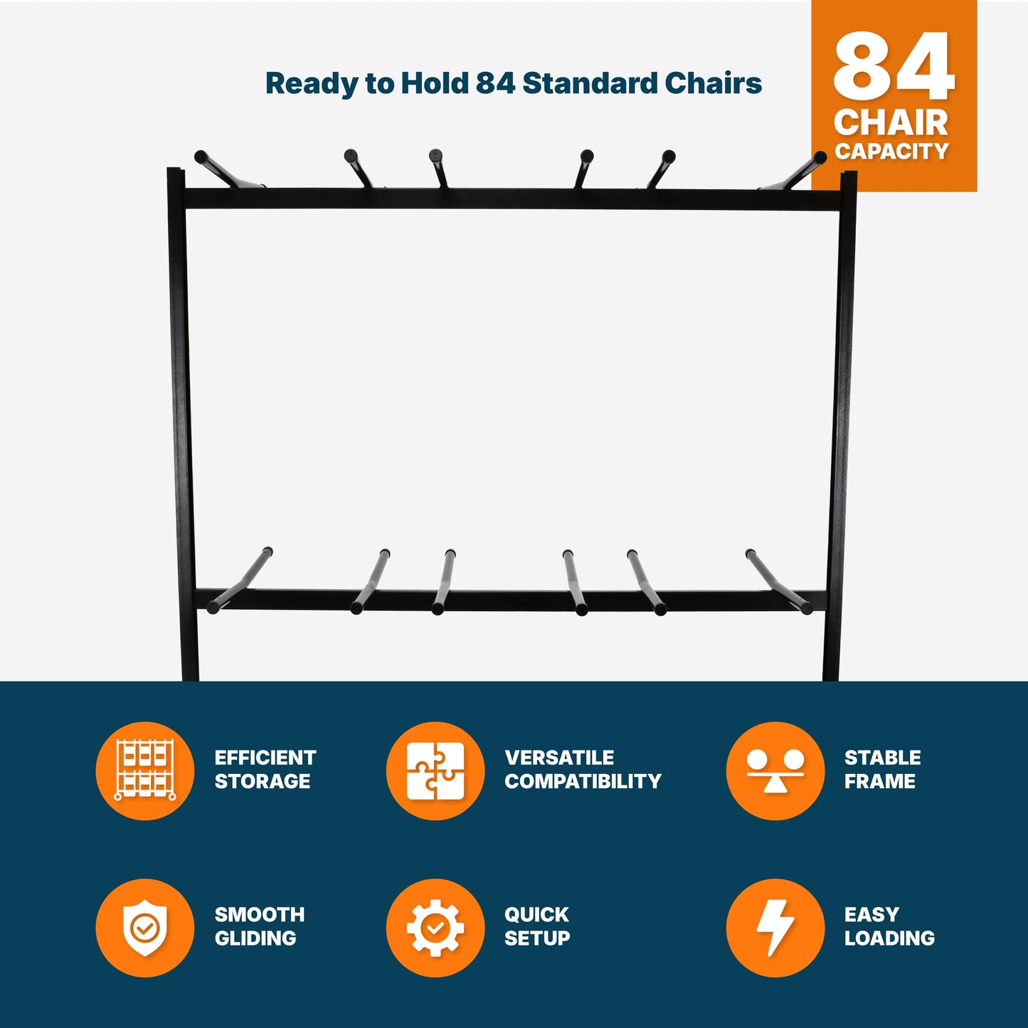 OEF Furnishings OEF84 Series Folding Chair Cart – Heavy-Duty Two-Tier Steel Dolly Rack with Wheels (84 Chairs, Standard Height, Hanging Storage)