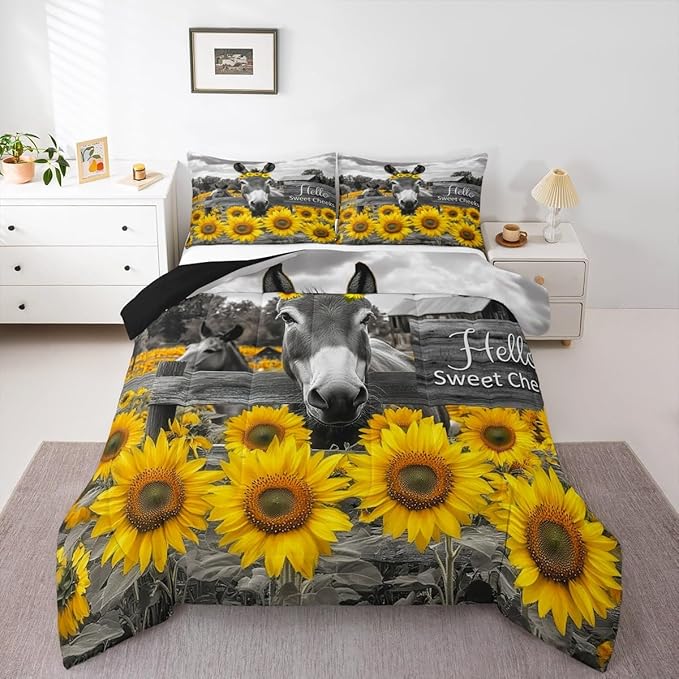 Erosebridal Donkey Comforter Set - Full Size Funny Farm Animal Bedding 3 Piece for Boys & Girls - Rustic Farmhouse Sunflower Duvet Insert - Cute Farm Donkey Print Quilt with 2 Pillowcases