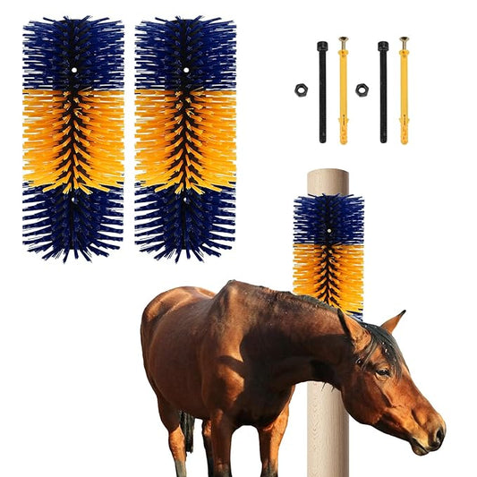 Livestock Scratching Brush, Flexible PBT Horse Grooming Kit Horse Brushes, Massage Brush Kit for Cattle, Cow, Sheep, Horses Goat Supplies (Yellow-Blue, 2 pack)