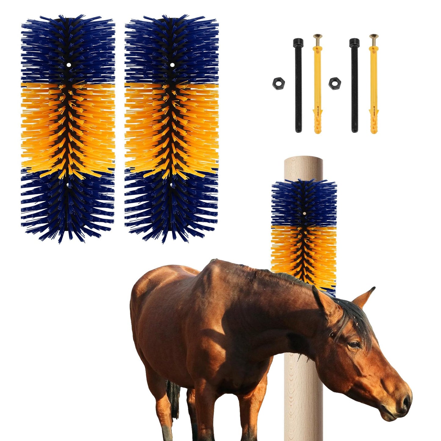 Livestock Scratching Brush, Flexible PBT Horse Grooming Kit Horse Brushes, Massage Brush Kit for Cattle, Cow, Sheep, Horses Goat Supplies (Yellow-Blue, 2 pack)