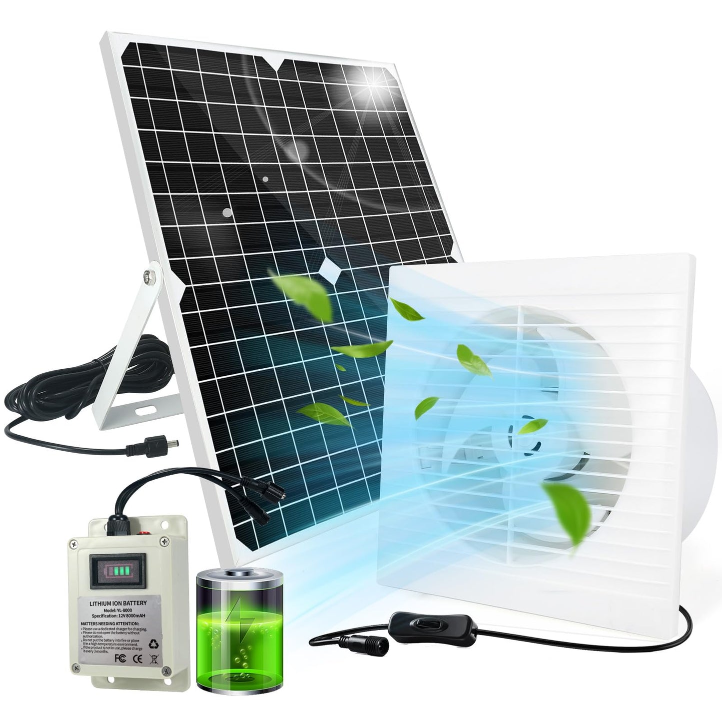 Solar Fan for Chicken Coop with Battery 25W Solar Panel Powered Exhaust Fans with 14.8ft On/Off Switch Cable for Greenhouse, Sheds, Pet Houses, Ventilation, Outside, Greenhouse Air Circulation Garages