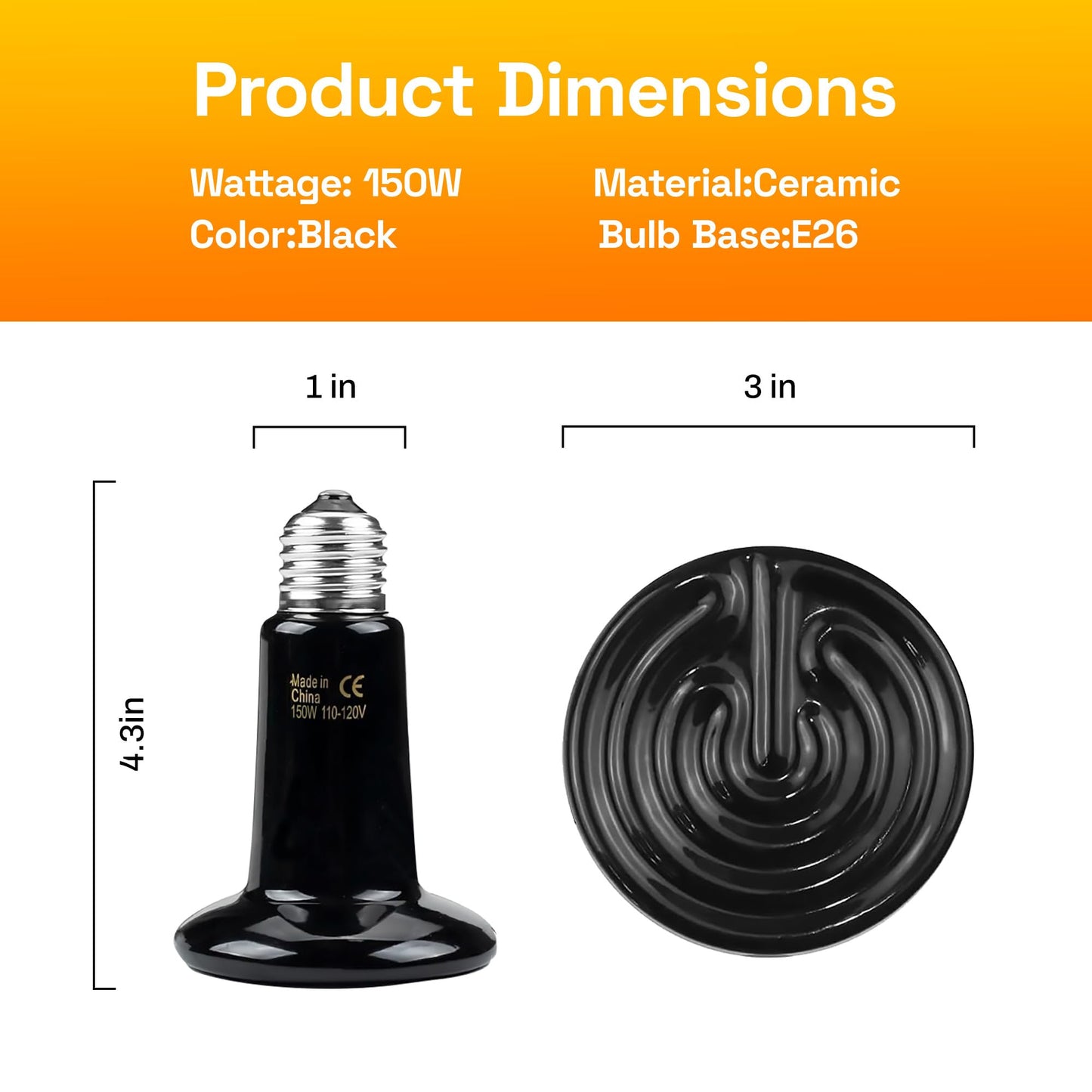 BN-LINK 150W Reptile Heat Lamp 2-Pack, Ceramic Heat Emitter Bulbs, No Light Heat Lamp for Reptiles, Chickens, Lizard, Turtle, Snake
