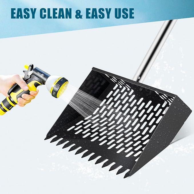 10-inch Large Metal Chicken Poop Scooper＆Rake 2-in-1 with Ergonomic Grip Adjustable Long Handle(36 to 61 Inches) for Cleaning Chicken Sand,Chicken Poop Sifting Shovel,Chicken Coop Accessories﻿