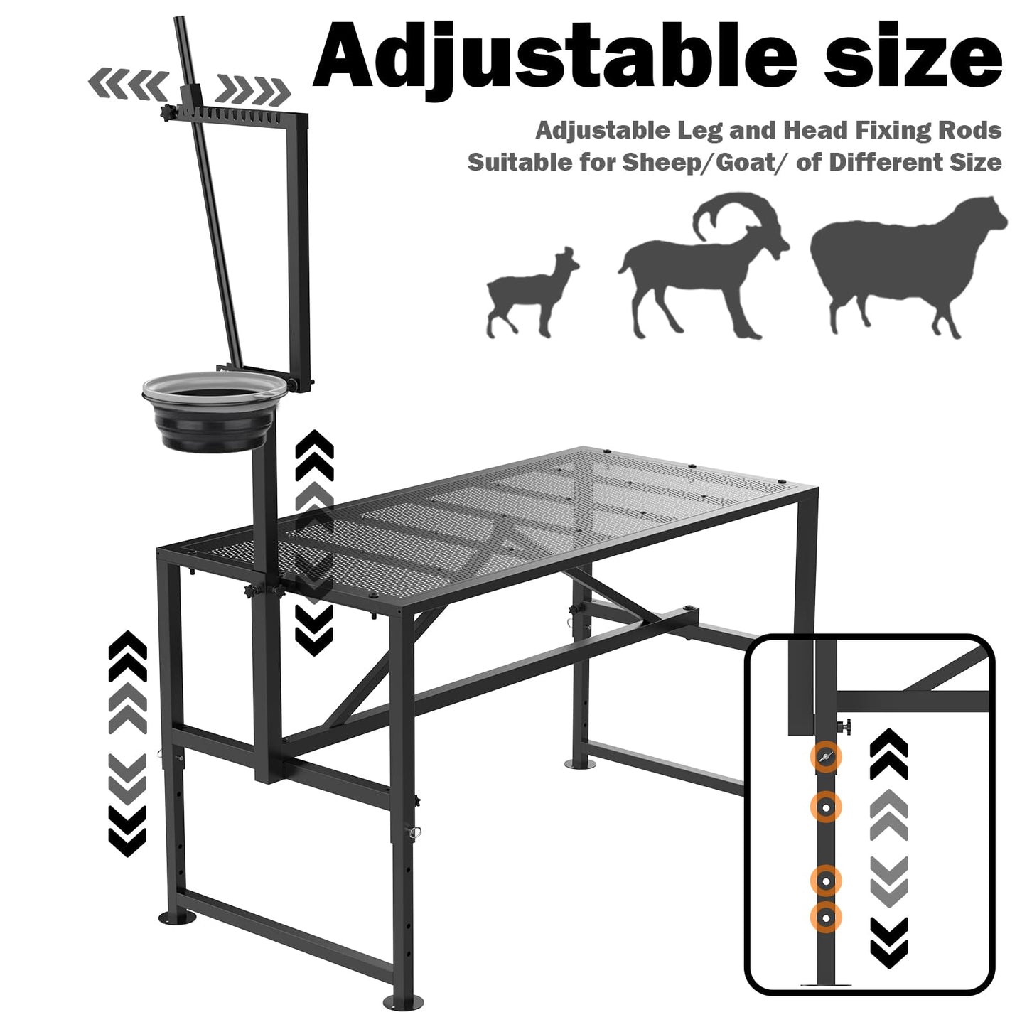 Larrik Goat Milking Stand with Feed Bin, Stand for Goat Milk and Shepp Trimming Hooves, with Adjustable Head Piece and Legs, Metal Black Use for Small Goat and Sheep, 400 Lbs