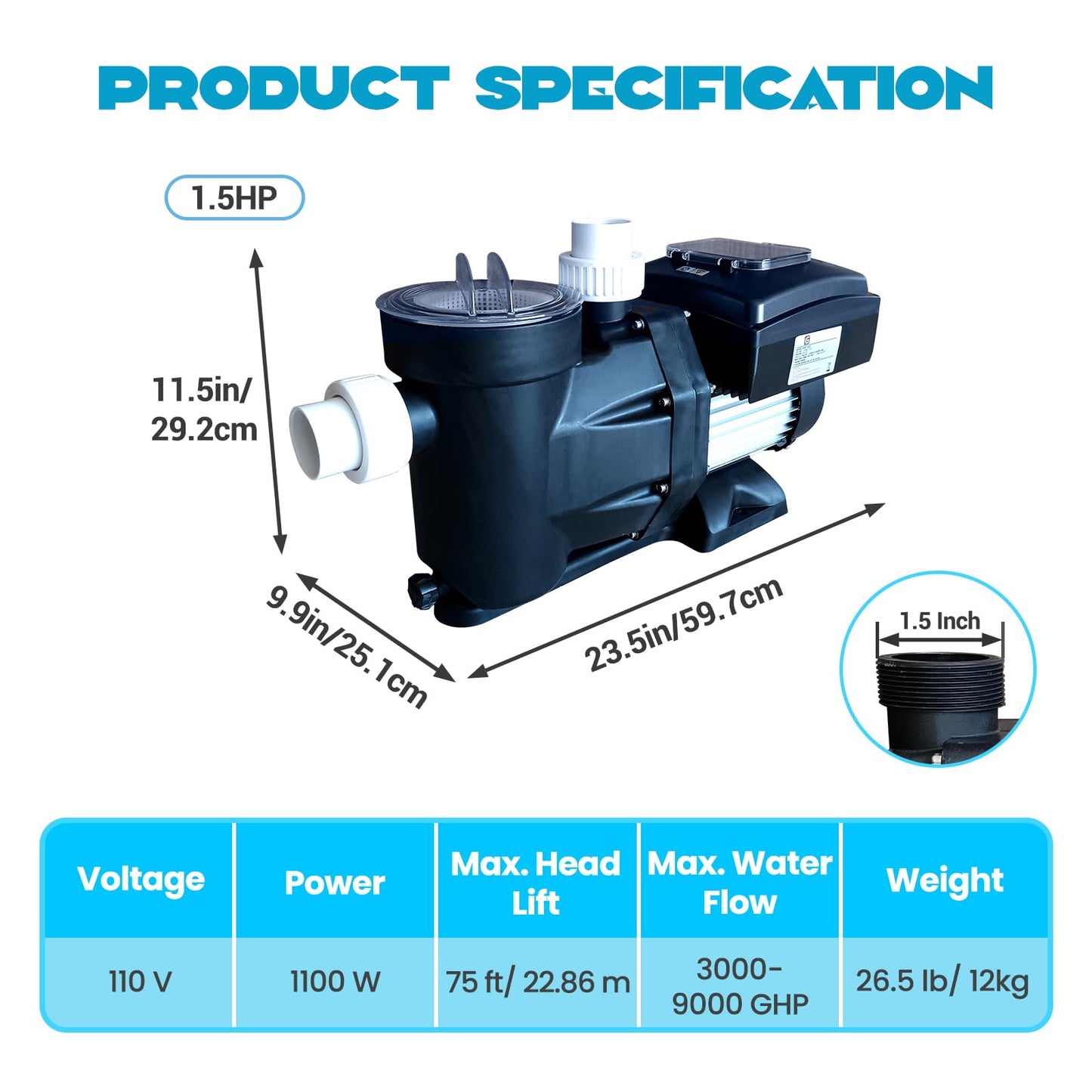 1.5HP Above/In Ground Pool Pump – Variable Speed 3000-9000 GPH, 110V Self-Priming Pump with 1100W Powerful Copper Motor, Quiet Operation, and Control Screen