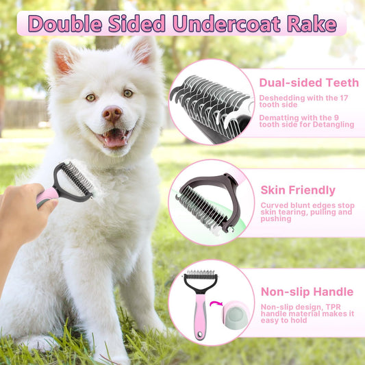 Lanswood Dog Brush Dog Grooming Kit 6PCS Dog Brush for Shedding-Dog Brushes for Grooming, Dematting Comb for Dogs, Cat & Dog Nail Clipper with Nail File, Flea Comb, Dog Bath Brush-Pink