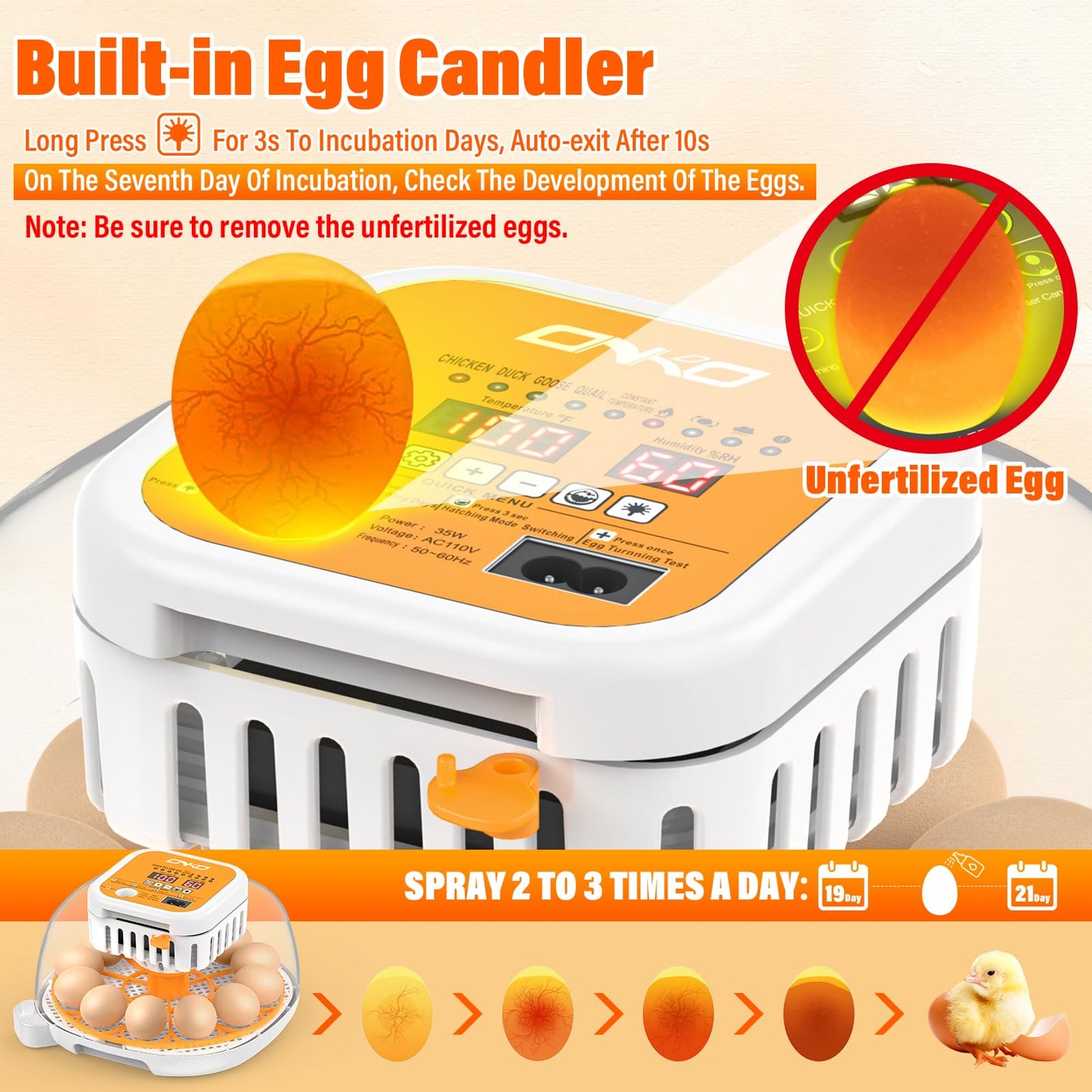 ONKO 12 Egg Incubator with Auto Temp & Humidity Control for Home, Farm, Classroom, Auto Egg Turner & Stop, External Water Refill, Air Vent, 360° Clear View, Hatching Chicken, Duck, Goose, Pigeon Eggs