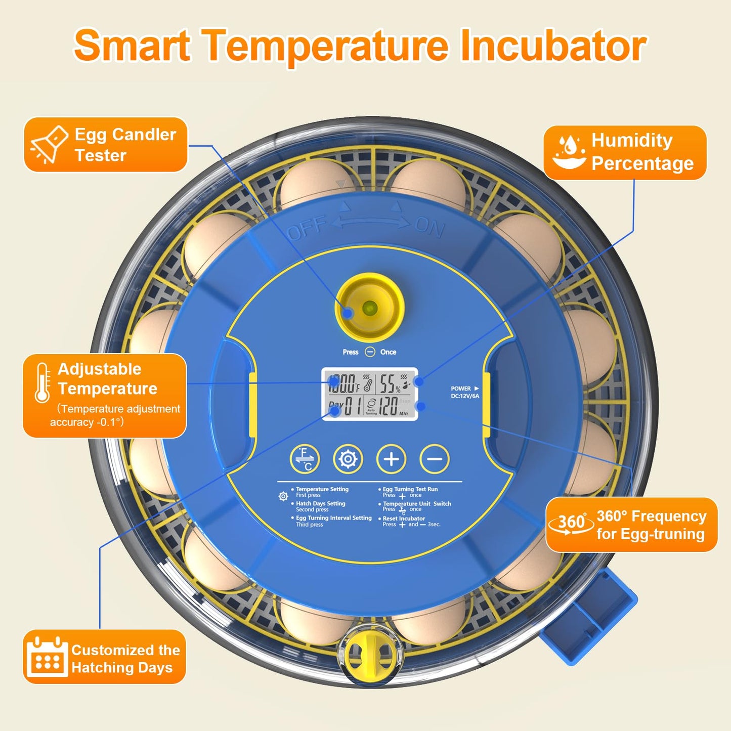 18 Egg Incubator with Automatic Egg Turning & Humidity Control, 360° Viewing, Dual Egg Trays,Incubators for Hatching Eggs, Chicken, Duck, Quail, Goose, Parrot (Home, Farm, Lab,Classroom Use)