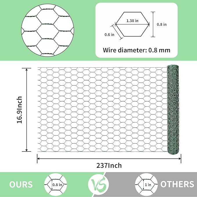 Chicken Wire 16.9 in x 237 in Poultry Wire Netting Hexagonal Galvanized Mesh Garden Fence Barrier for Pet Rabbit Chicken Fencing with 100 Pcs Cable Zip Ties(PVC-Coated)